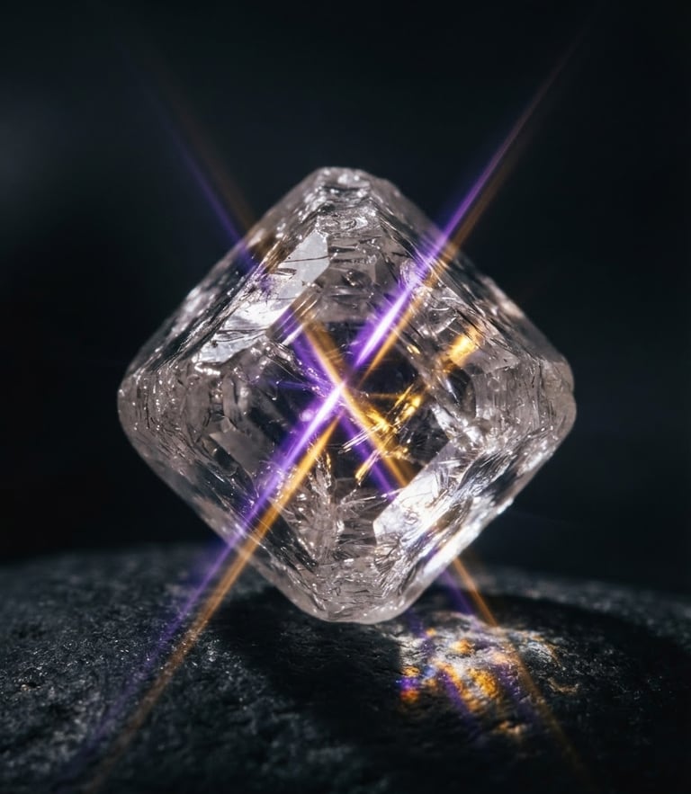 Close-up of a flawless raw diamond crystal reflecting sharp shafts of violet and gold light, dramatic chiaroscuro, fine art editorial photography, 35mm