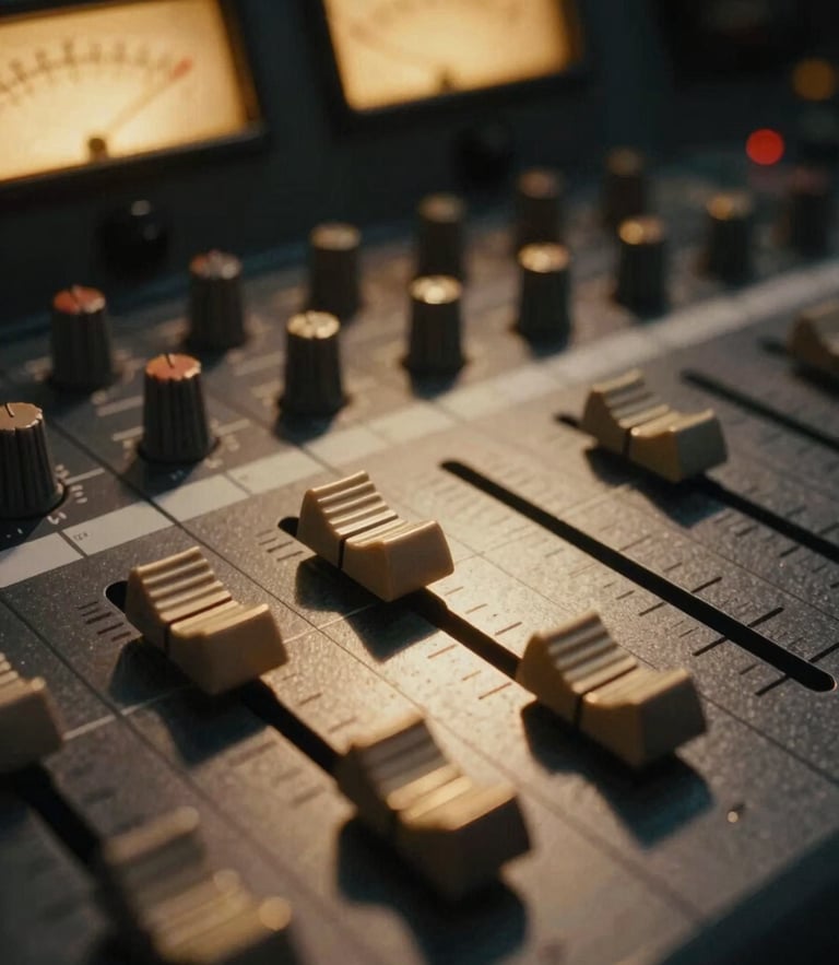 Tight macro detail of an analog mixing console, warm golden tungsten light reflecting off faders and VU meters, low-key dramatic lighting, 35mm grain