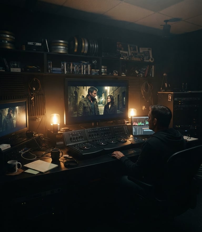 Extreme wide anamorphic shot of a dark cinematic grading suite with warm tungsten backlighting, soft haze, and a glowing color grading monitor showing a dramatic film scene, 35mm grain