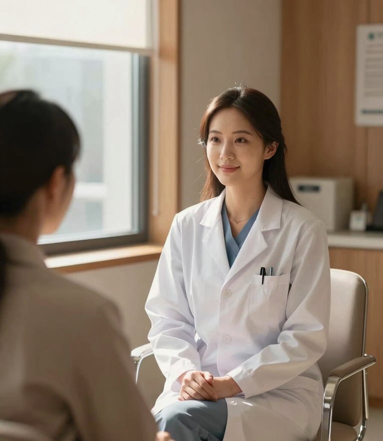 Elegant sunlit clinical consultation room with warm wood accents, a modern professional clinician sitting gracefully, soft natural daylight, shallow depth of field