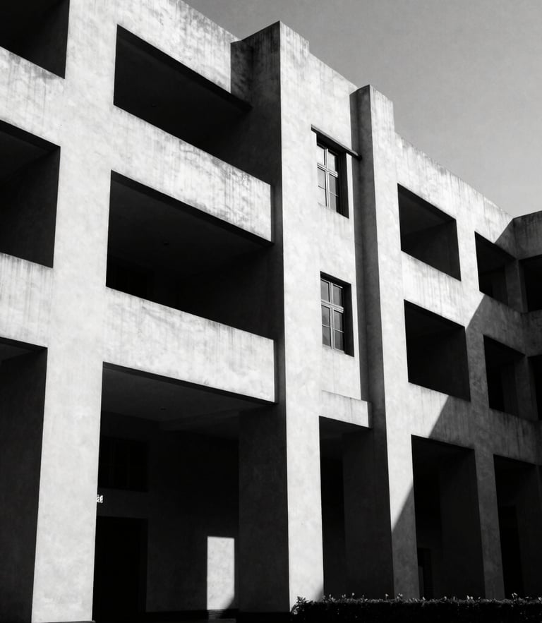 Stark monochrome photograph of modern Indian legal architecture, high-contrast directional light, deep shadows, low-angle shot, 35mm