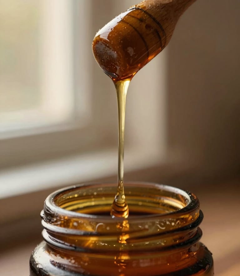 Close-up macro shot of warm amber botanical liquid dripping from a wooden dipper into a matte amber glass jar, golden hour window light, soft natural shadows