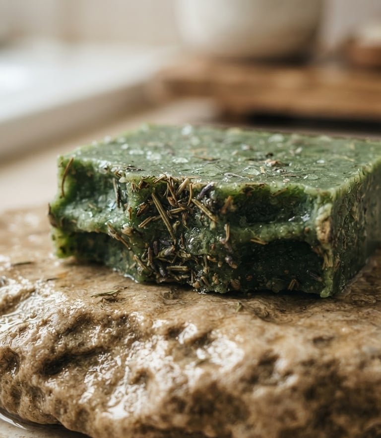 Macro close-up of a textured green herbal soap bar resting on a wet beige stone, soft morning light, water droplets, 35mm lens