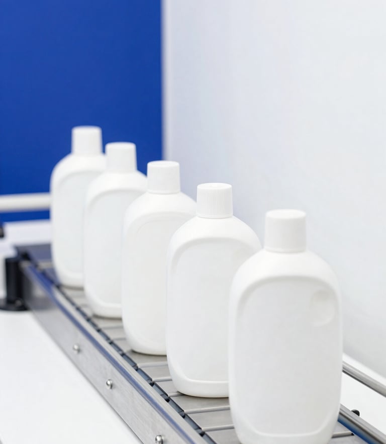 Bright high-key product photography, crisp studio light, cleaning bottles aligned on a sterile silver conveyor line, sharp focus, 50mm