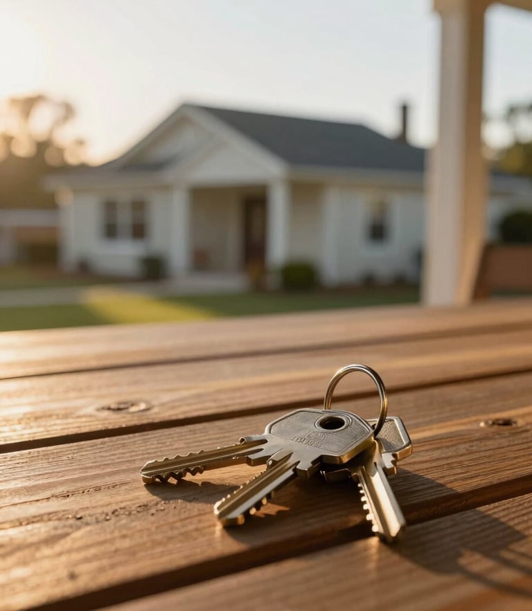 Warm, natural California golden hour close-up of house keys resting on a wooden porch table, a well-maintained Watsonville home softly blurred in the background.