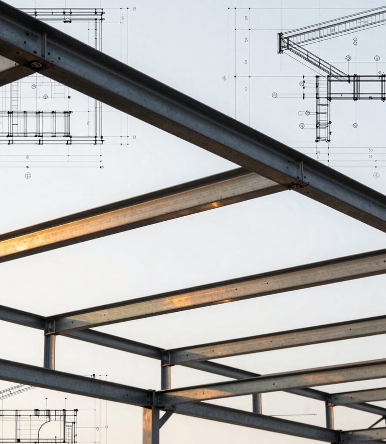 Technical CAD drawing of a steel profile roof structure, precise structural lines, golden hour light reflecting on steel joints, architectural blueprint overlay style.