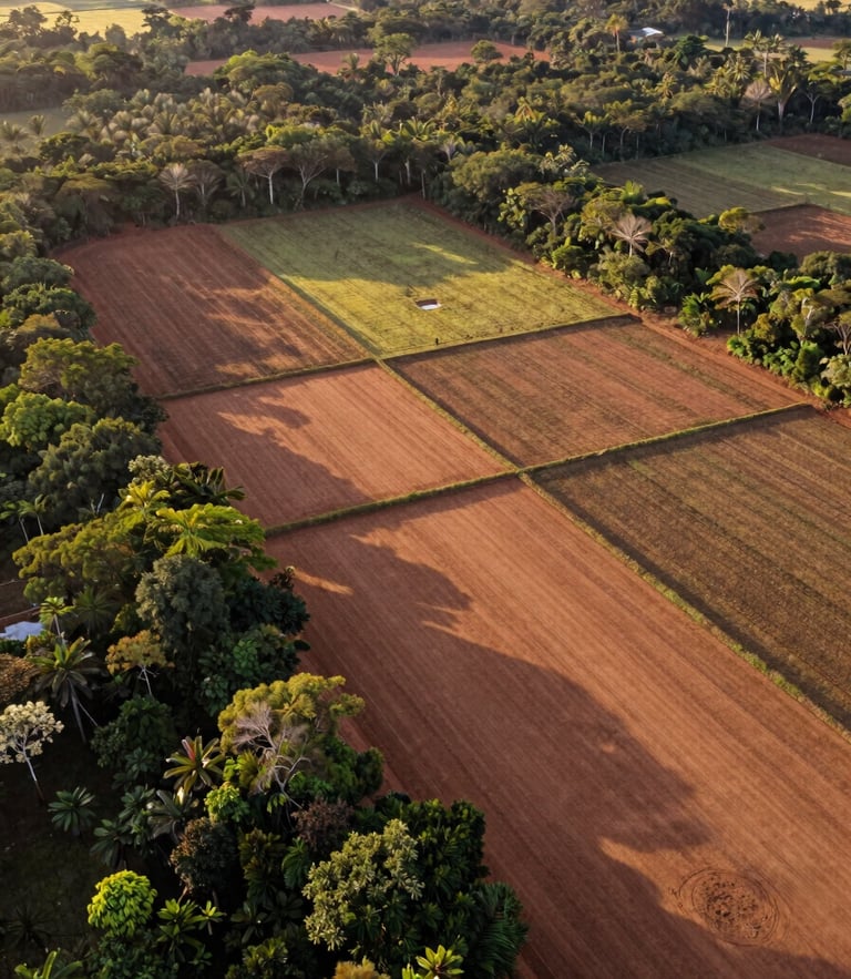 Vista aérea de drone revelando demarcação precisa de lotes de terra cercados por floresta nativa no Pará, solo de argila rica sob luz dourada do fim de tarde, linhas limpas e organizadas