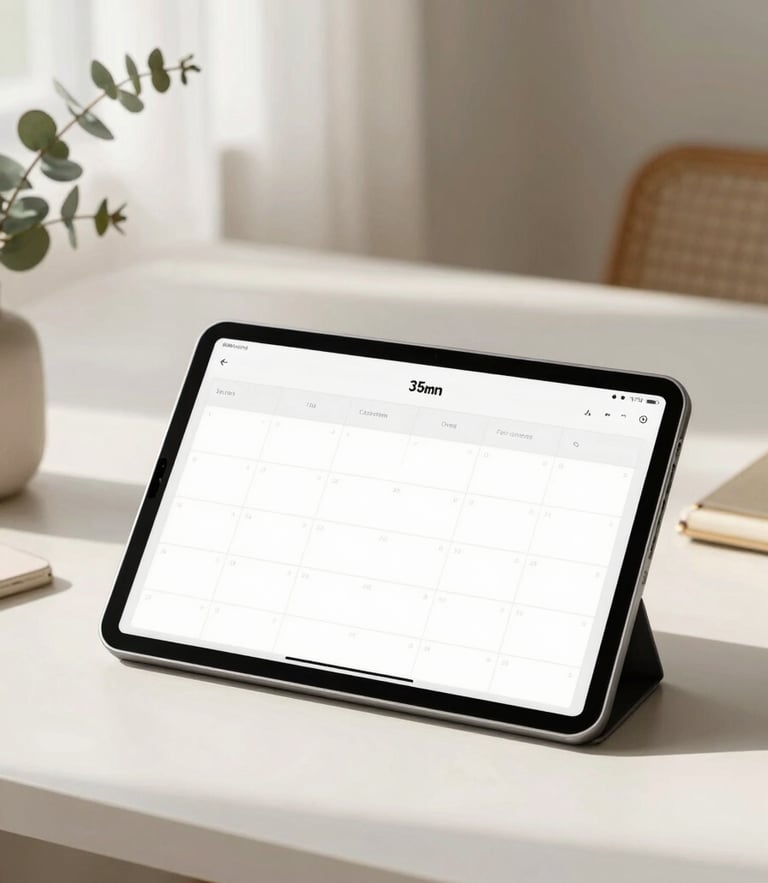 An elegant, minimally styled workspace, open digital tablet displaying a clean planner, soft morning window light casting gentle shadows, 35mm