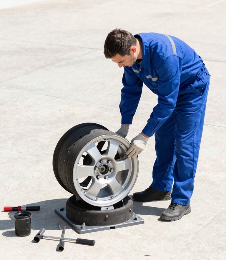 A professional mechanic in a clean blue uniform working on a car wheel assembly in a sunny driveway, tools organized nearby, high-contrast crisp daylight