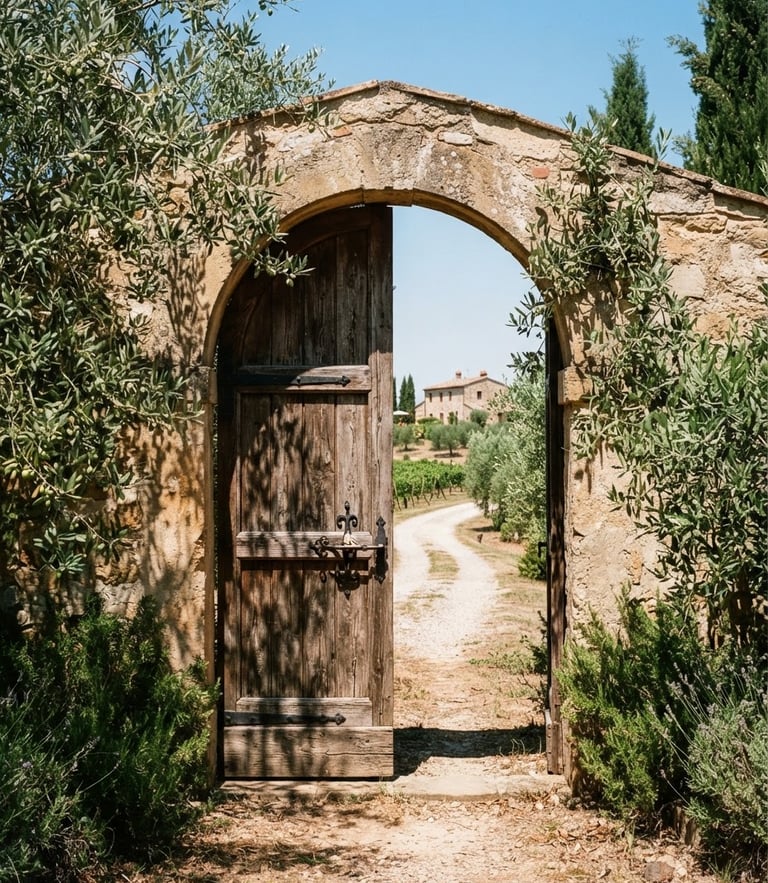 Medium shot of a rustic wooden estate farm gate in high-contrast Mediterranean sunlight, olive branches framing the stone archway, medium format film.