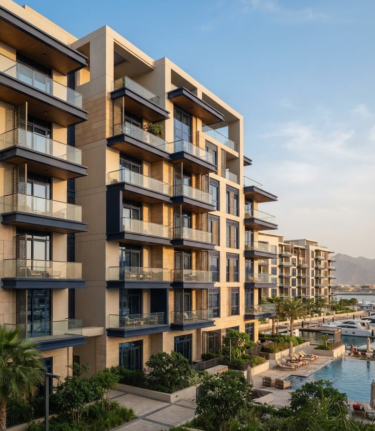 A medium-wide environmental shot of a modern residential building facade in Ras Al Khaimah, warm natural Arabian sunlight casting soft shadows, architectural focus, 35mm lens.