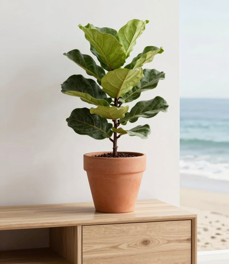 A lush fiddle leaf fig in a warm terracotta pot styled on a minimalist oak sideboard, bright diffused coastal daylight, 35mm