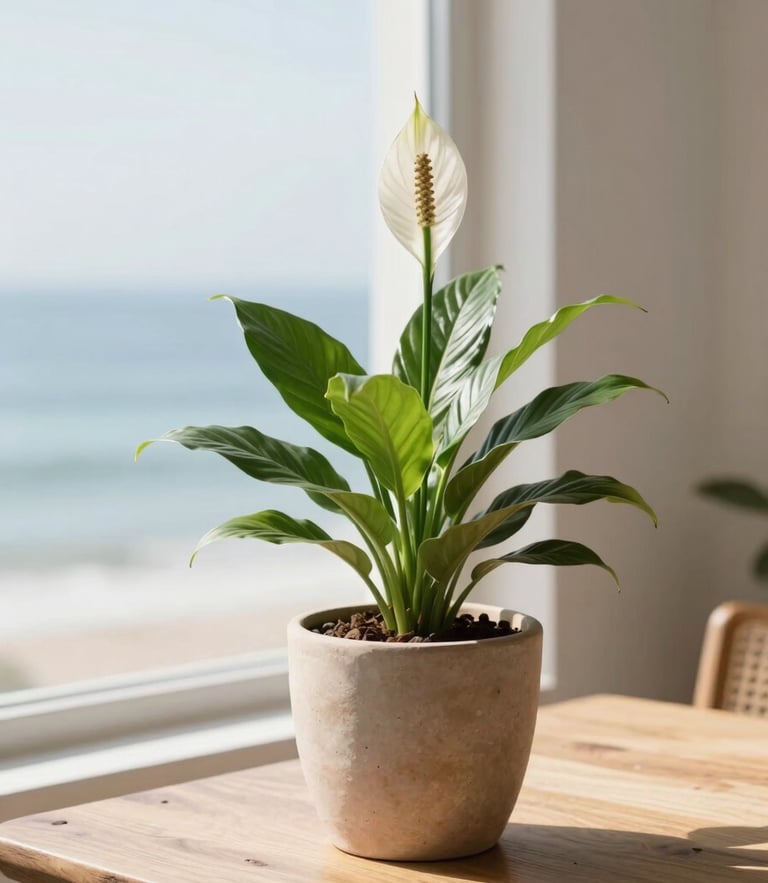 Close-up of a vibrant peace lily in a textured stoneware pot on a coastal timber table, sun-drenched room, soft shadows, 35mm