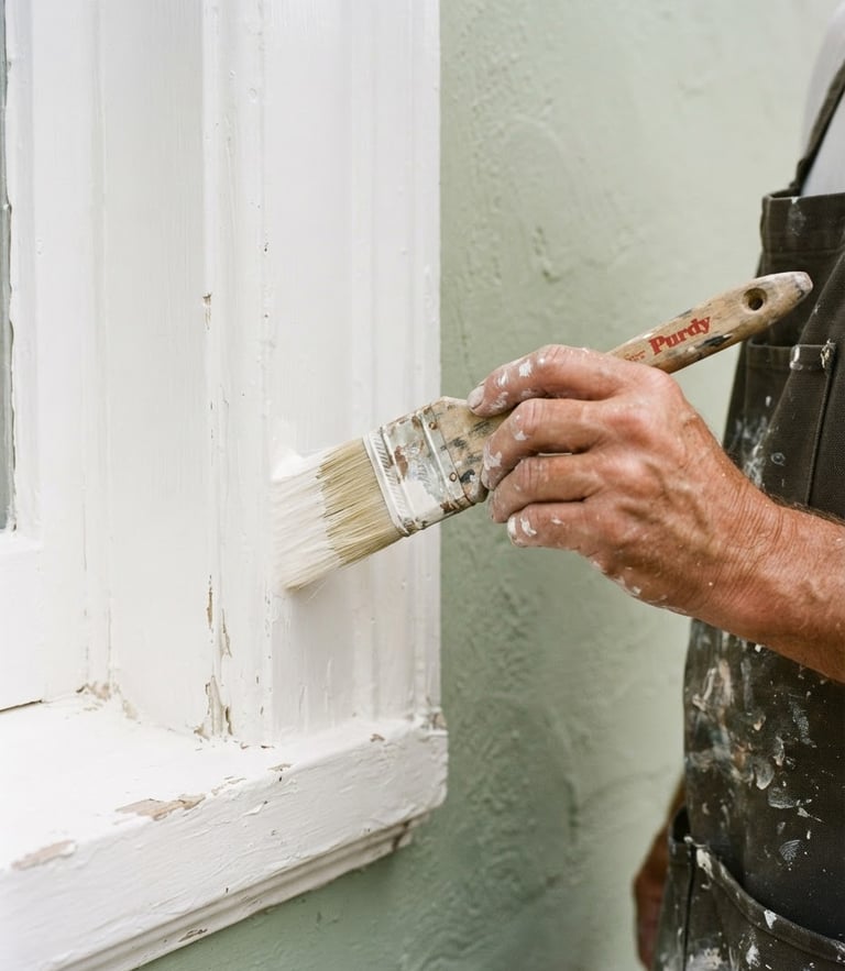 Close-up of a professional painter's hand holding a brush, executing a crisp paint line on historical white trim, bright Southern daylight, 35mm