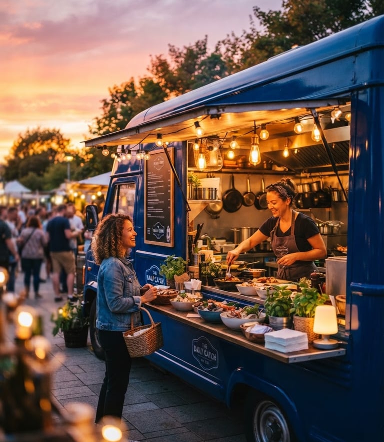 Gleaming deep blue food truck parked at sunset with warm glowing service lights, 35mm lens