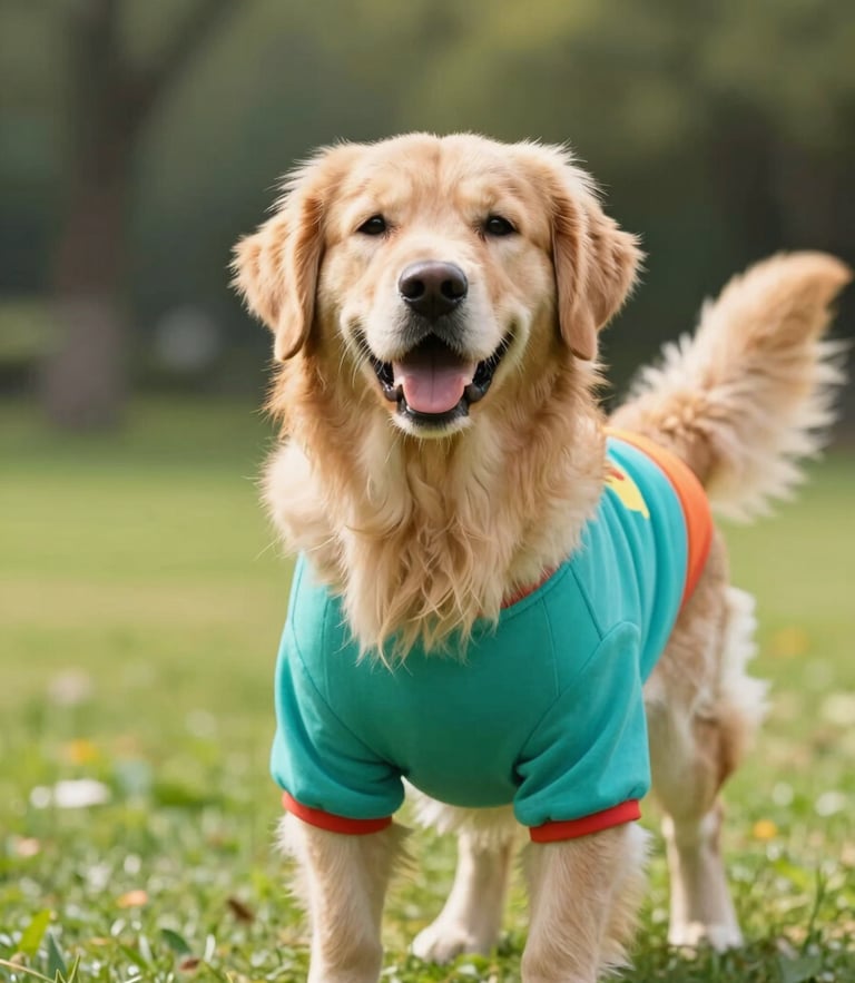 Bright cheerful pet photography, a happy golden retriever wearing a colorful handmade teal shirt, playing in a sunny park, soft natural daylight, shallow depth of field