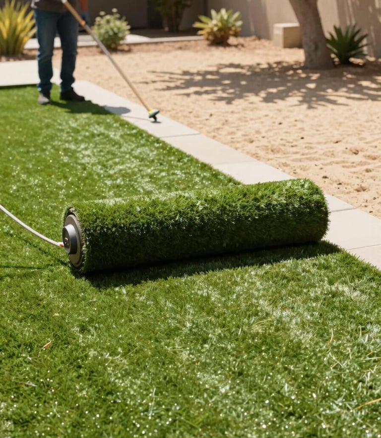 A professional landscaper rolling out realistic green artificial turf in a sunny Southern California backyard, bright natural sunlight, warm sand tones, crisp focus, 35mm.