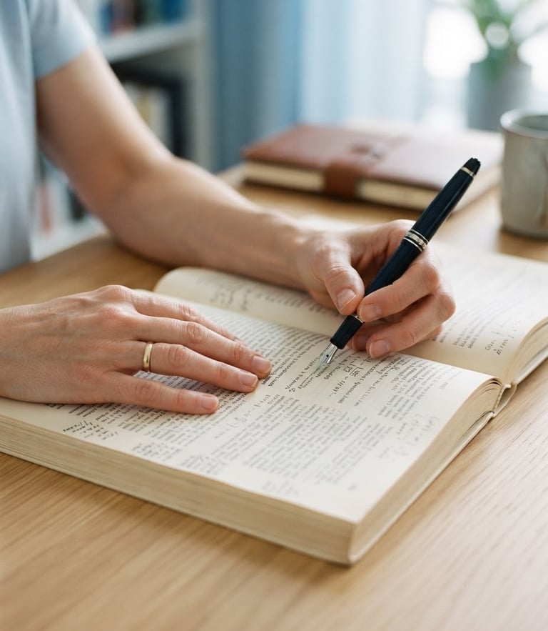 Close-up of a scholar's hands analyzing a printed academic manuscript on a clean wooden desk, soft morning light, 50mm lens