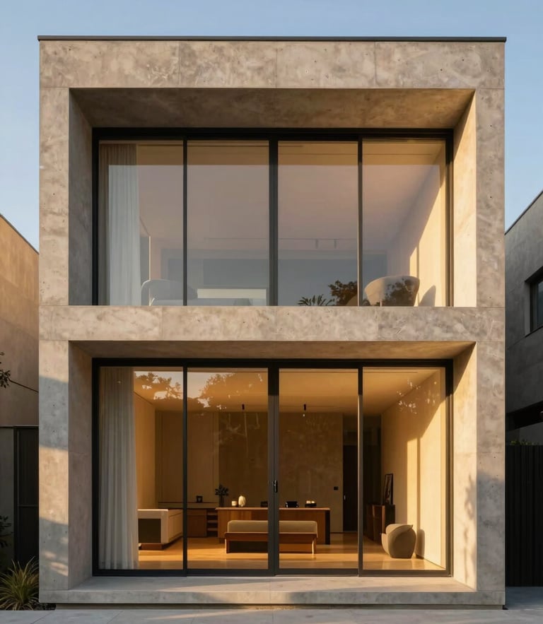 Symmetrical modern monolithic concrete villa facade at golden hour, sharp geometric shadows, floor-to-ceiling glass windows glowing with warm interior light, architectural photography