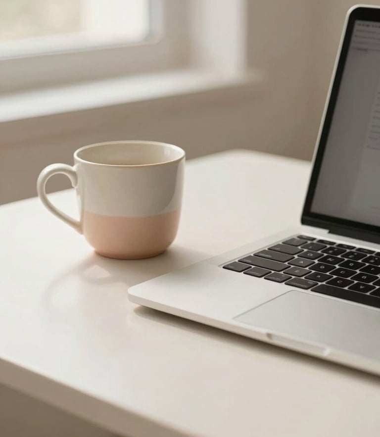 An elegant, organized desk in soft morning light, a ceramic cup next to a sleek closed laptop, cream and blush tones, shallow depth of field, 35mm