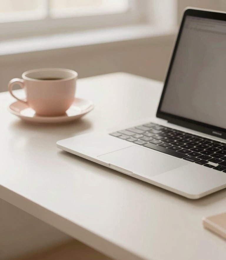 An elegant, minimalist desk with high-end stationery, a sleek laptop, and a ceramic cup in soft morning window light, cream and blush tones, shallow depth of field.