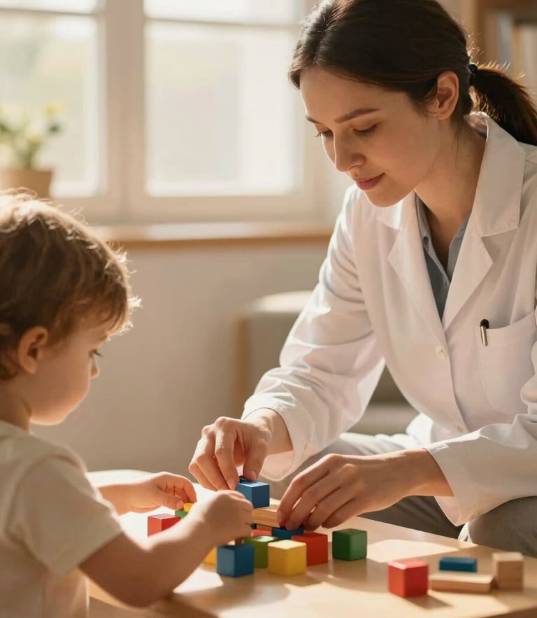 A warm editorial portrait of a therapist gently guiding a young child's hands as they play with colorful wooden blocks on a low table, soft golden-hour light streaming in.