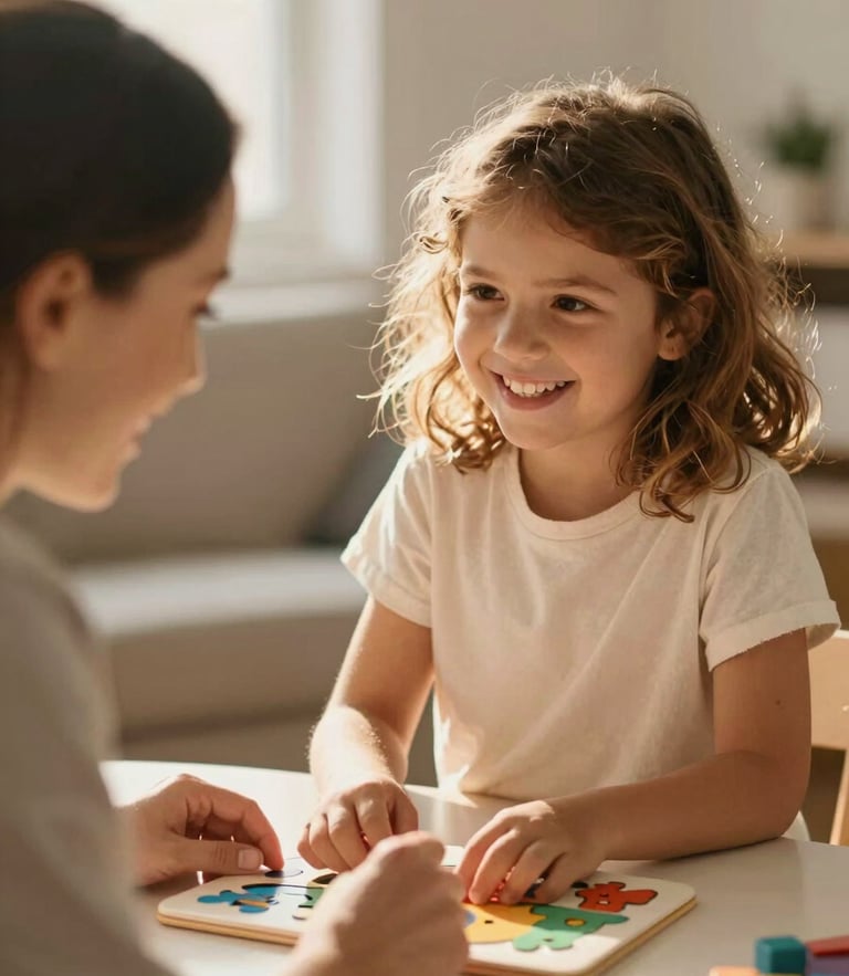 A warm, candid portrait of a therapist and a young child smiling together over a colorful learning puzzle in a sunlit room, soft golden-hour light, shallow depth of field, 35mm.