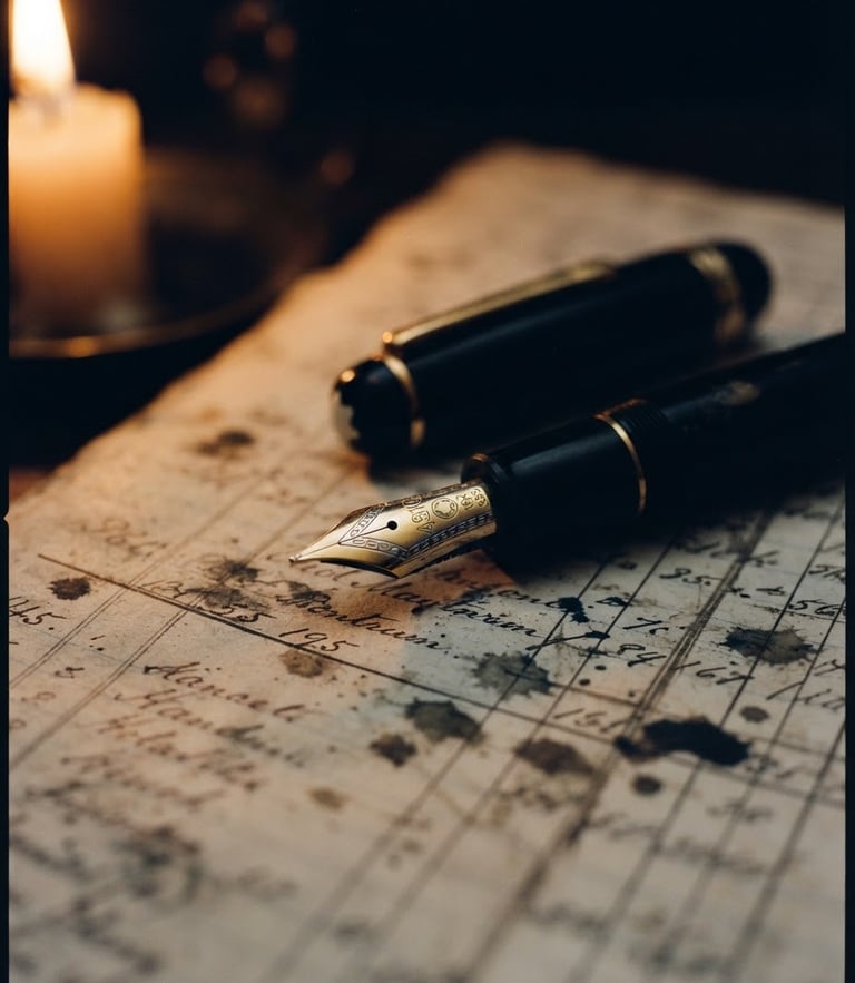 Macro close-up of a fountain pen resting on an ink-stained ledger page, low-key candlelight, deep navy shadows, 35mm lens