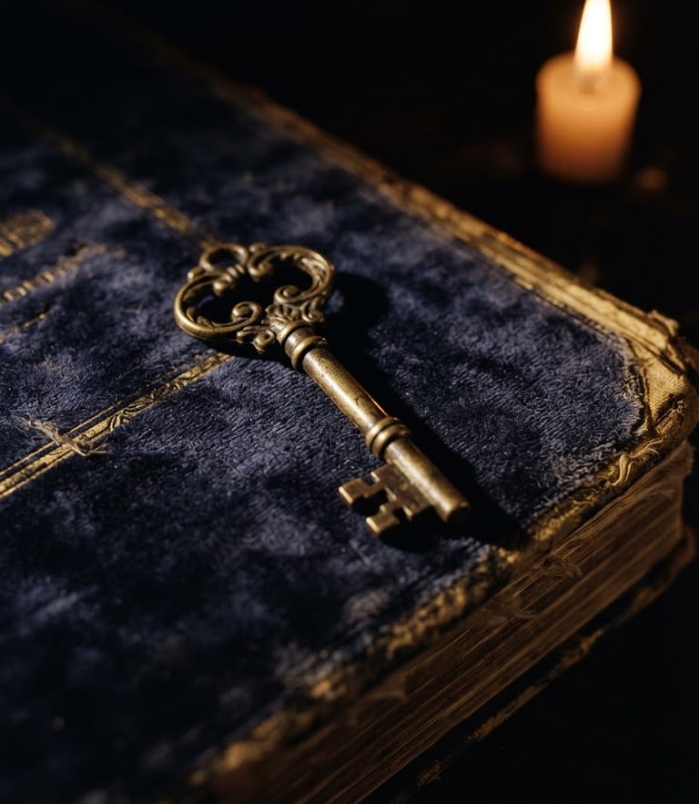 Macro low-key chiaroscuro shot of an antique brass key resting on a dark velvet ledger, candlelight casting long shadows
