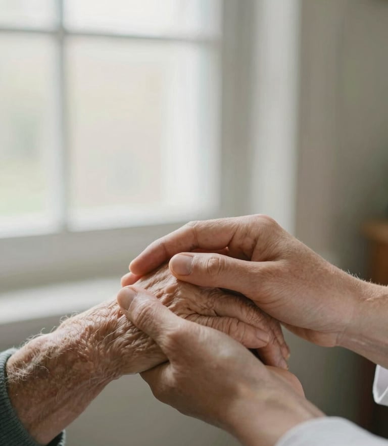 A close-up of a caregiver gently holding an elderly person's hand in warm window light, soft focus, compassionate atmosphere