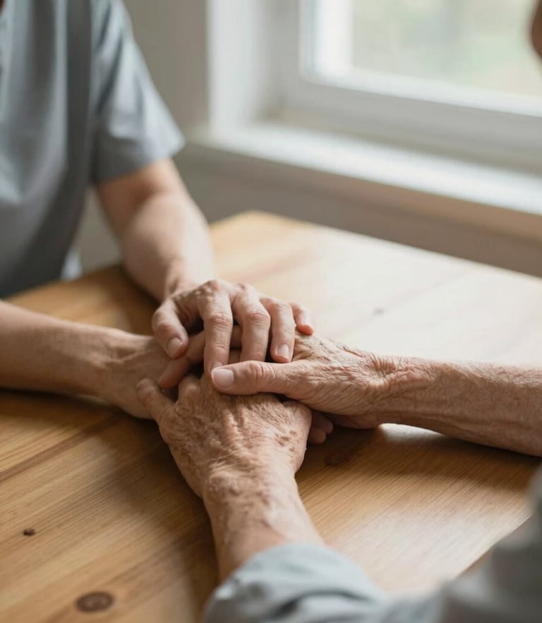 A close-up of a caregiver gently holding an elderly patient's hand on a warm wooden table, soft natural morning light coming through a window, shallow depth of field, high-trust compassionate atmosphere.
