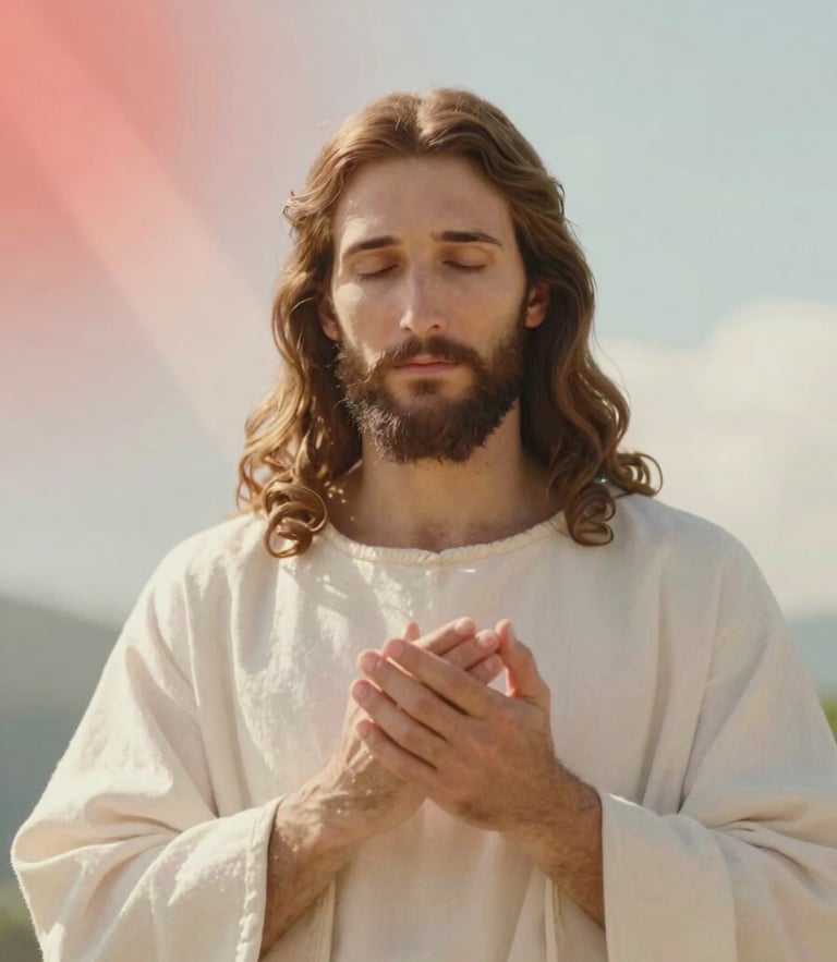 An elegant, soft-toned artistic representation of Jesus the Merciful, integrated subtly with warm light rays of red and pale blue, soft focus, sacred and welcoming atmosphere