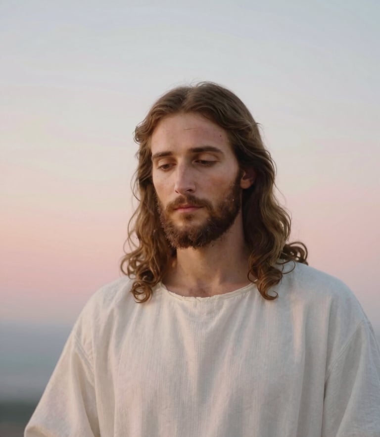 An elegant, subtle artistic representation of Jesus the Merciful, soft light rays of pale red and blue, warm pastel background, gentle and comforting expression, sacred art style, 35mm photography with shallow depth of field.