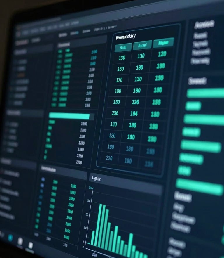 Extreme close-up of a high-resolution data analytics interface on a dark screen, glowing cool-toned emerald and navy metrics, clean lines, cinematic lighting.