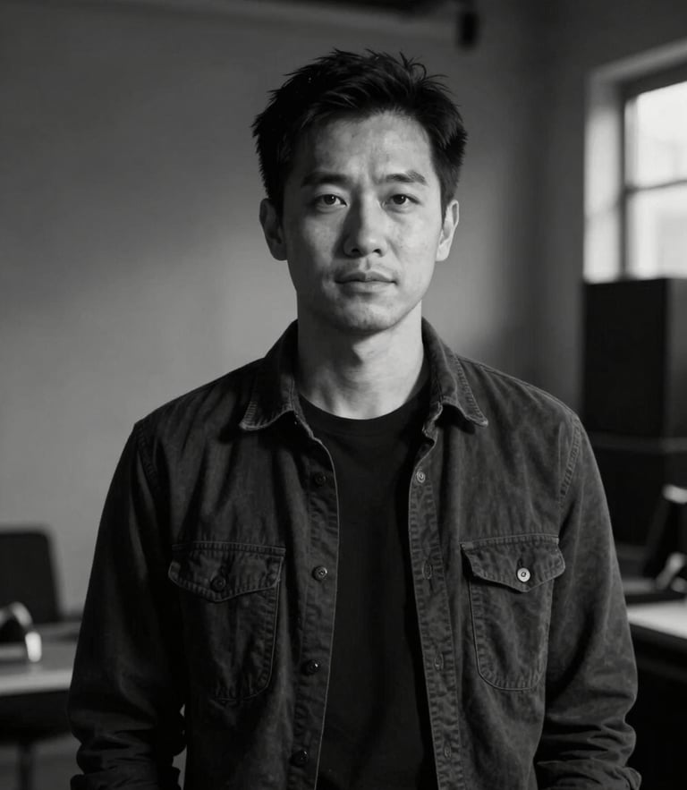 Candid black and white portrait of a creator in a moody, low-lit studio space, directional lighting, deep shadows, cinematic framing.