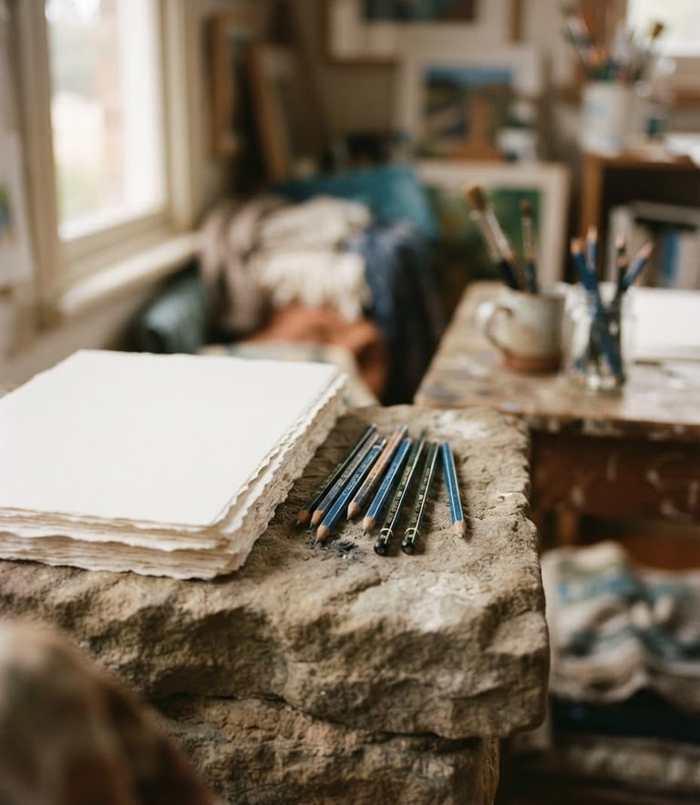 Soft daylight illuminating a quiet Tasmanian studio, textured fine art paper and graphite pencils resting on a sandstone ledge, shallow depth of field, 35mm film texture
