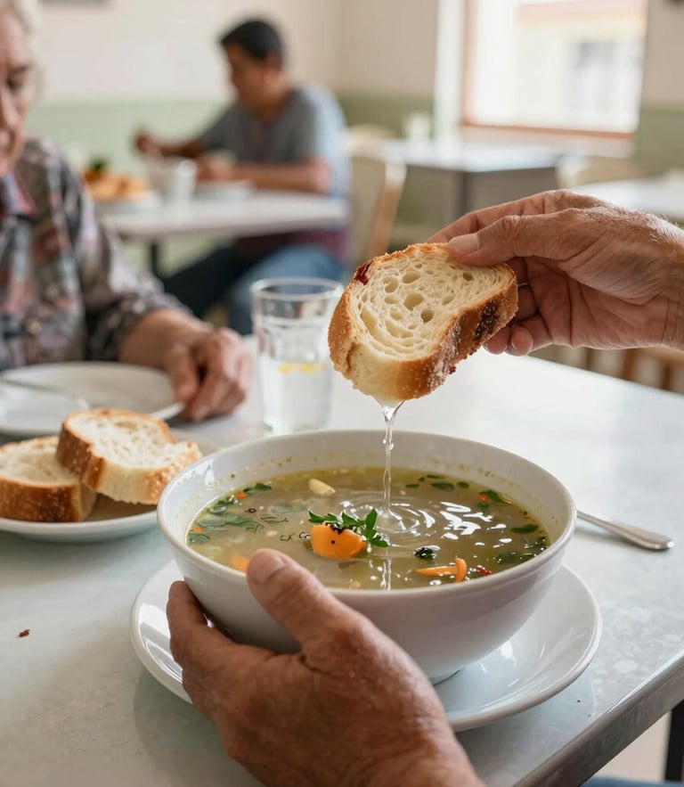 Close-up of hands serving fresh soup and bread to an elderly person in a brightly lit, clean community dining room in Havana, warm morning light.