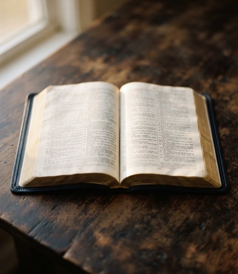 Overhead flat-lay of an open Bible on a dark wooden table, warm morning window light, soft gold reflections, shallow depth of field, 35mm