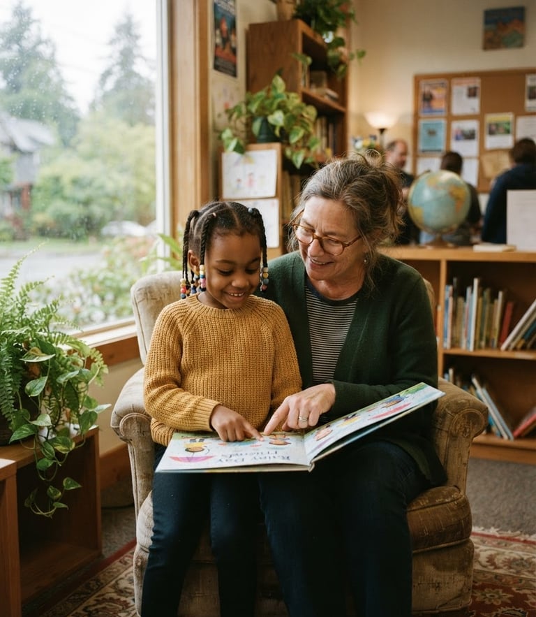 Warm editorial photography of a mentor and a young child reading a book together in a Seattle community room, soft natural Pacific Northwest daylight coming through a window, 35mm