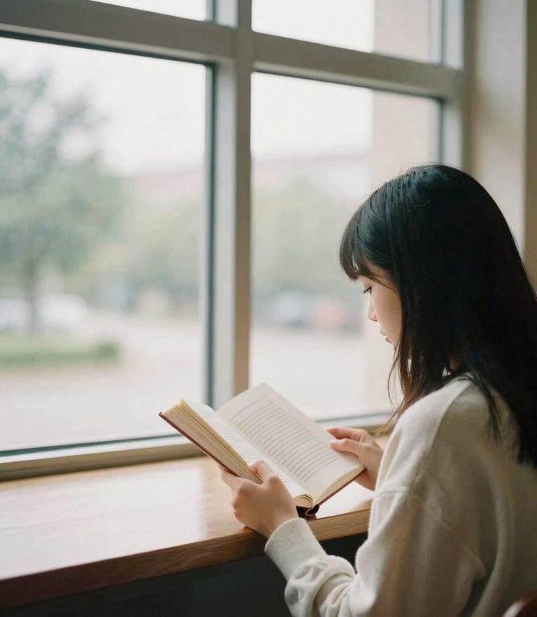 A student reading a book by a wide library window with soft natural daylight, warm editorial photography, medium format film aesthetic.