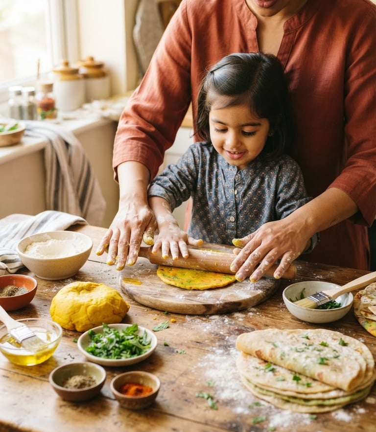 Brightly lit kitchen, a mother and child hands preparing colorful Indian flatbreads together, vibrant turmeric and green garnishes on a wooden table, warm natural daylight, shallow depth of field, 35mm