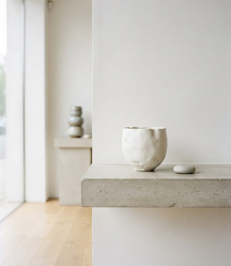 Bright architectural photography of a minimalist showroom interior, soft natural daylight, clean white and neutral tones, 35mm
