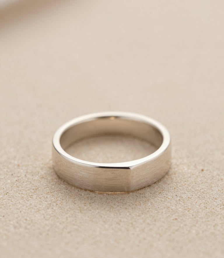 Macro product photography of a hand-finished brushed silver ring with clean geometric edges, soft diffused daylight, warm sand background
