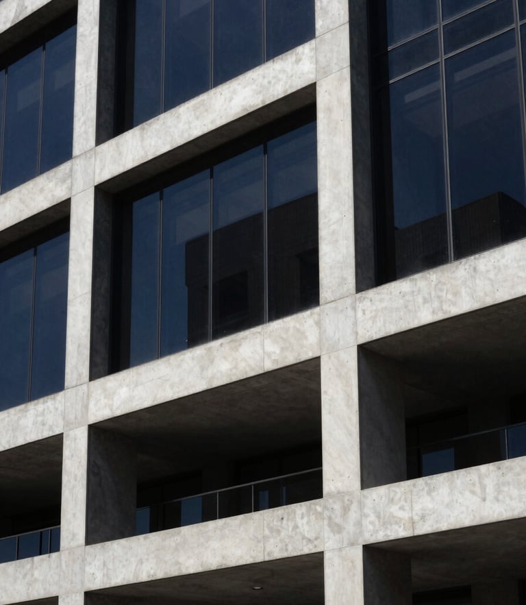 A sharp close-up architectural shot of a modern concrete and glass building facade in Mexico City, dramatic afternoon sunlight casting sharp geometric shadows, deep navy tones.