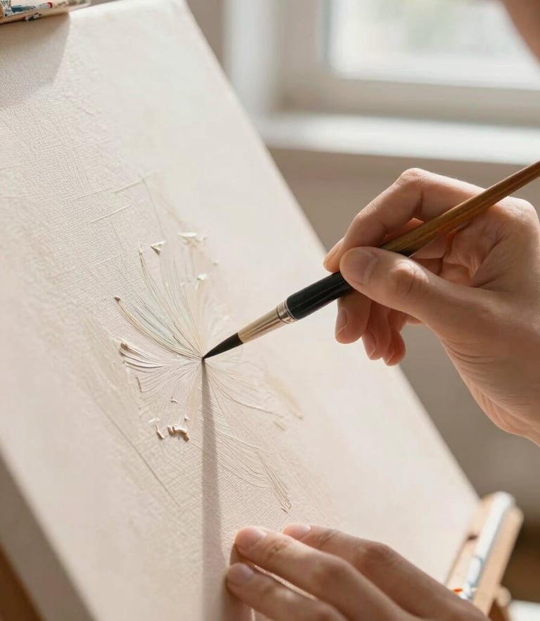 Close-up of hands painting with fine brushes on a textured canvas, warm soft natural daylight streaming through a studio window, shallow depth of field