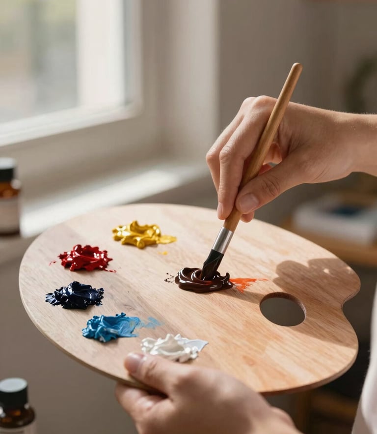 Close-up of hands mixing rich acrylic paints on a wooden palette, soft natural daylight streaming through a Quito studio window, warm editorial photography