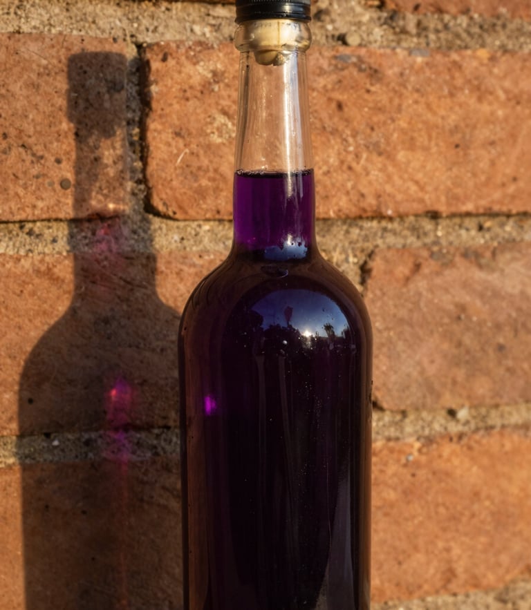 A close-up of a traditional glass bottle of artisanal jabuticaba liqueur, glowing dark purple against a rustic clay brick wall in Sabará, golden hour light