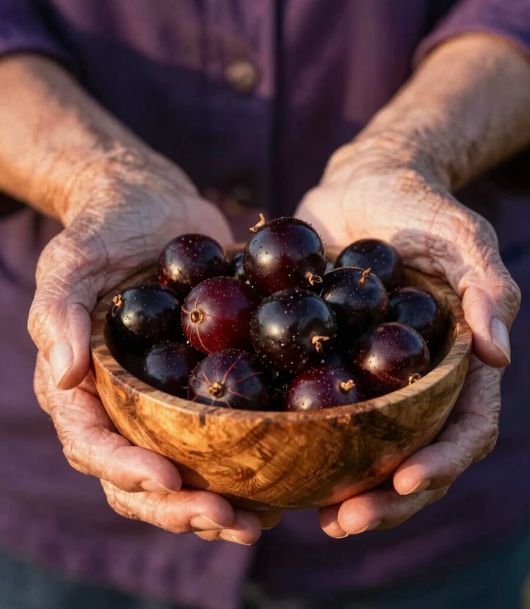 Close-up of an elderly woman's hands gently holding dark, glossy jabuticabas in a rustic wooden bowl, warm late afternoon sun casting soft golden shadows, 35mm photography
