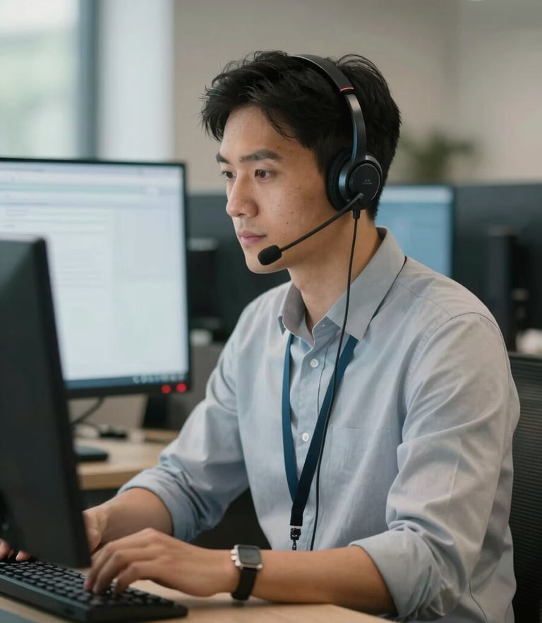 Medium shot of a focused bilingual agent with a high-quality headset working in front of dual monitors, natural office lighting, professional atmosphere.