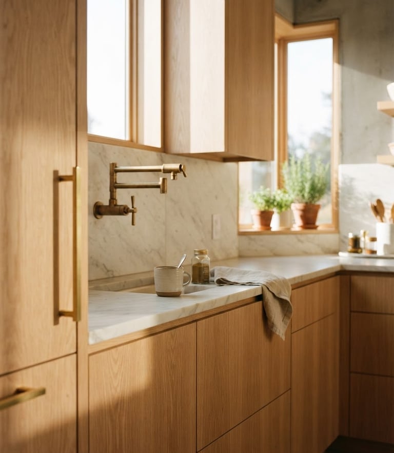 Architectural detail of a sunlit modern kitchen, warm morning light casting soft shadows on white oak cabinetry and brass fixtures, editorial 35mm photography